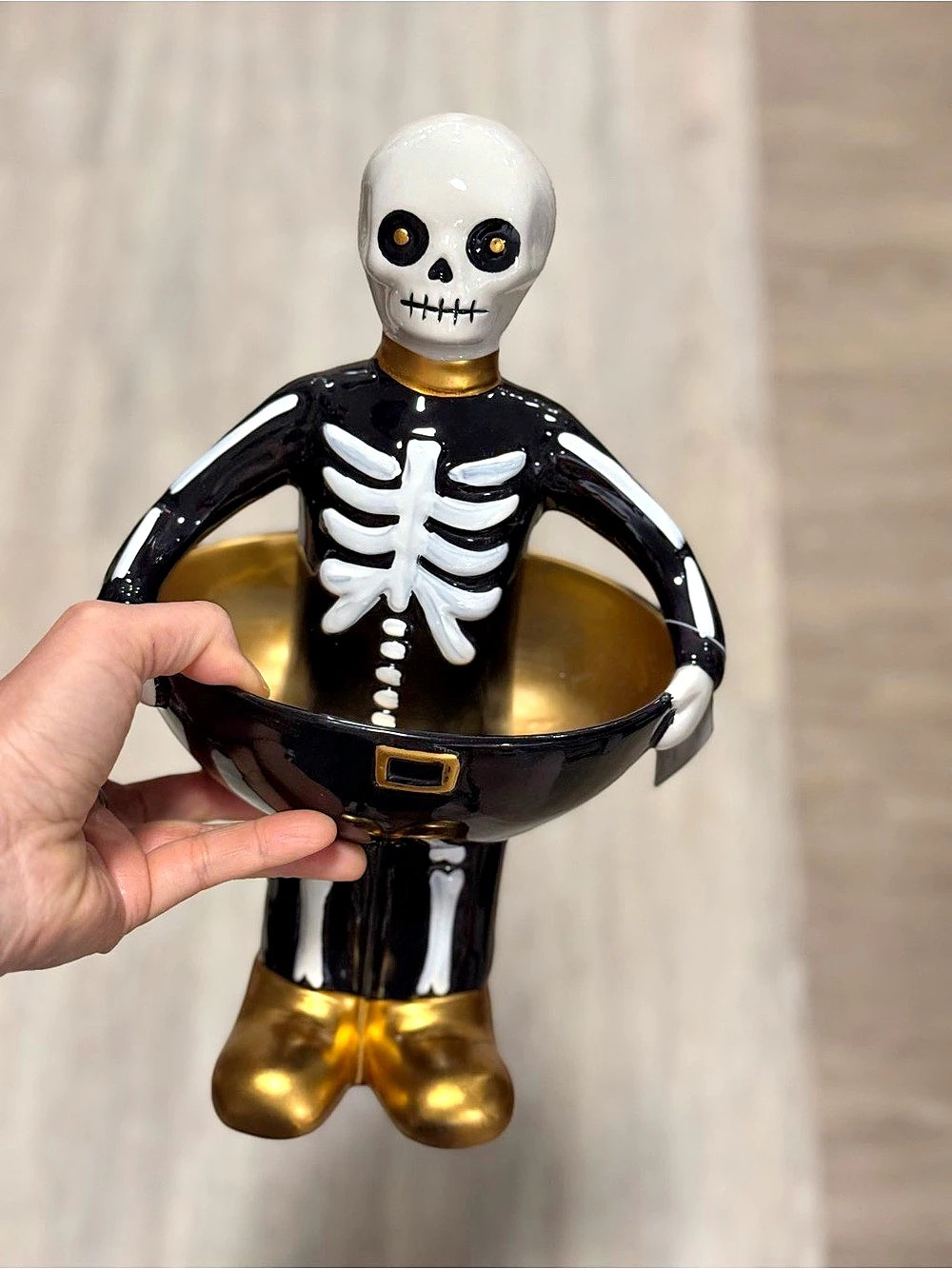 Skeleton Bowl Holiday Decor in Black & Gold Like New